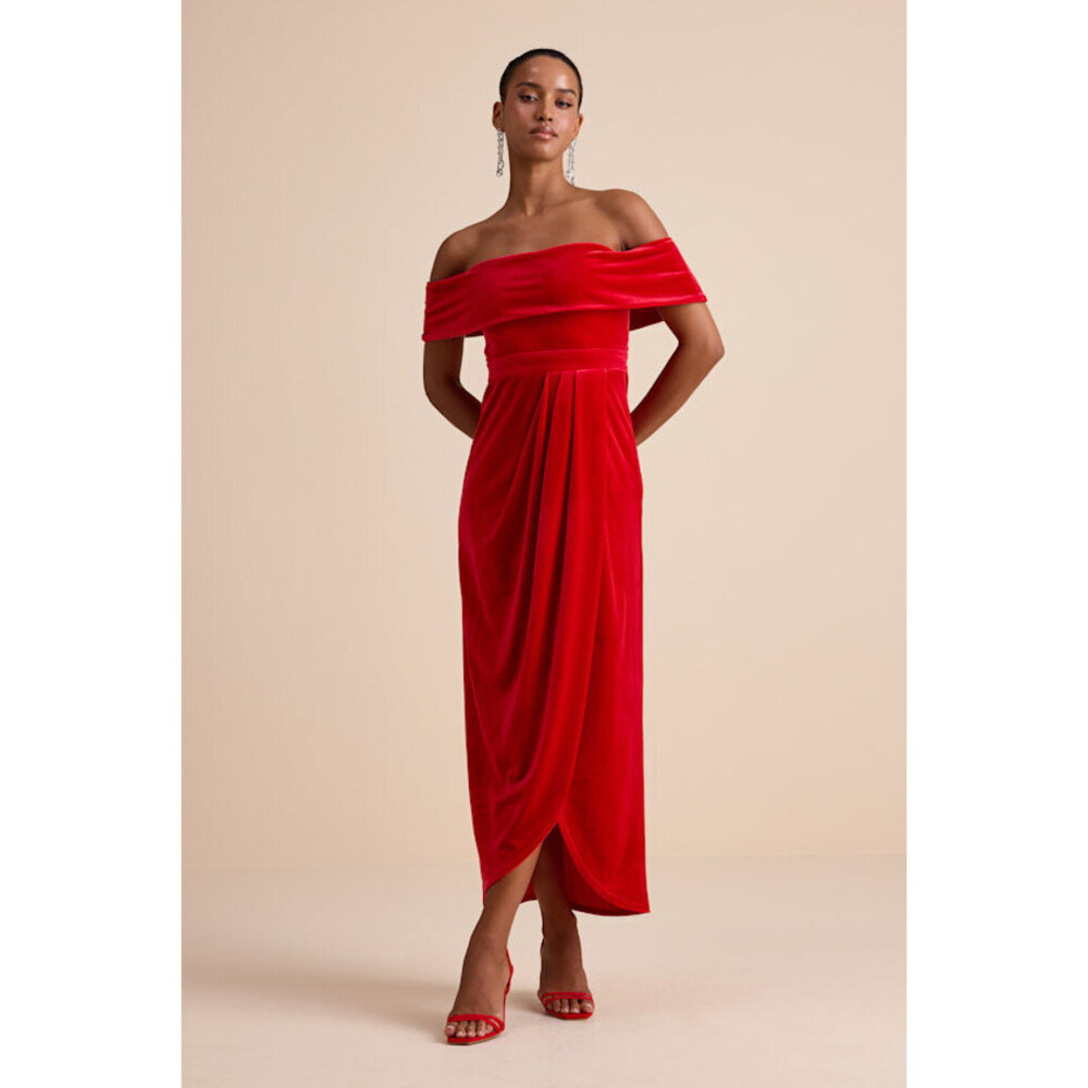 🆕 Lulus Red Velvet Off-the-shoulder Maxi Dress - Size M